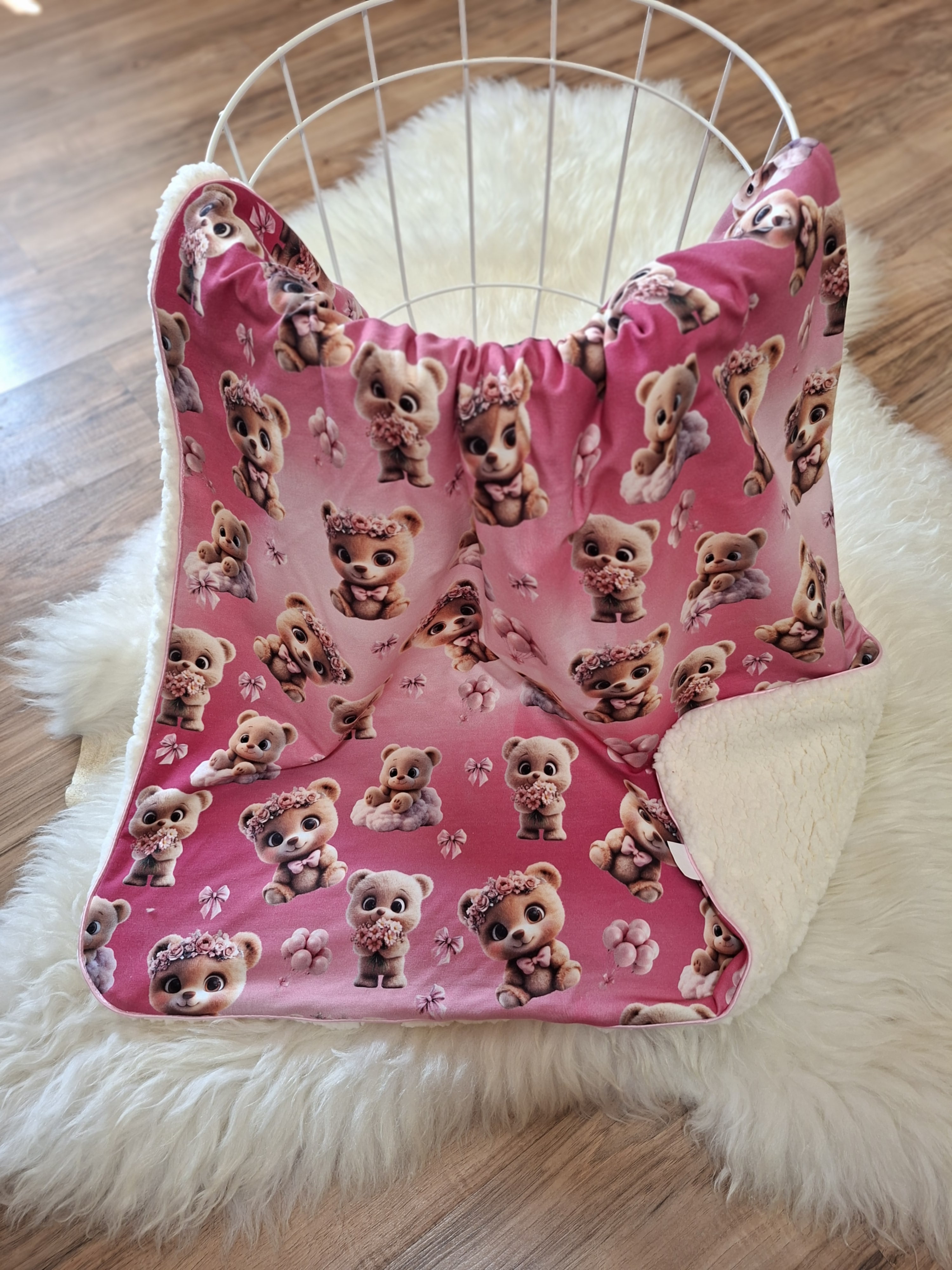 Handmade téli rózsaszín babapléd 70x95cm Macik