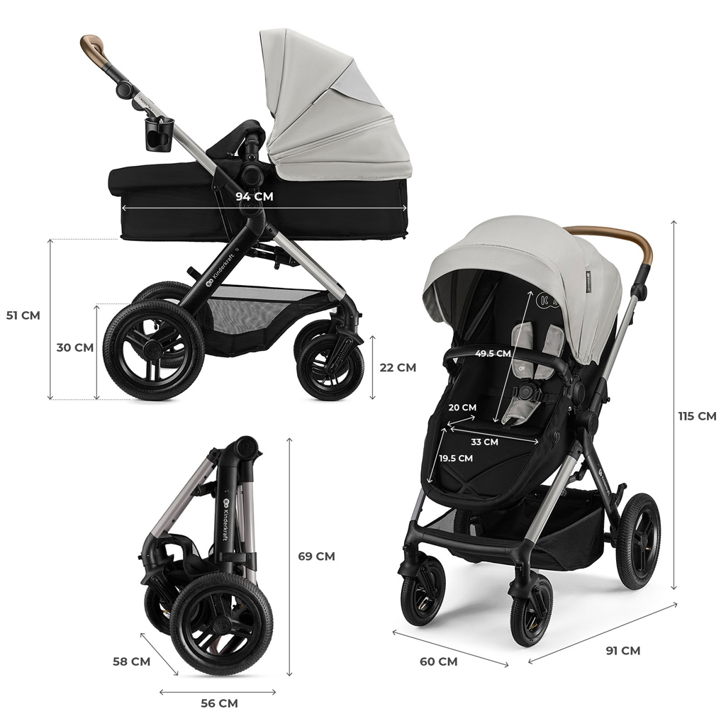 KINDERKRAFT Kombinált babakocsi 3 az 1-ben Moov 2 XL Air Szürke