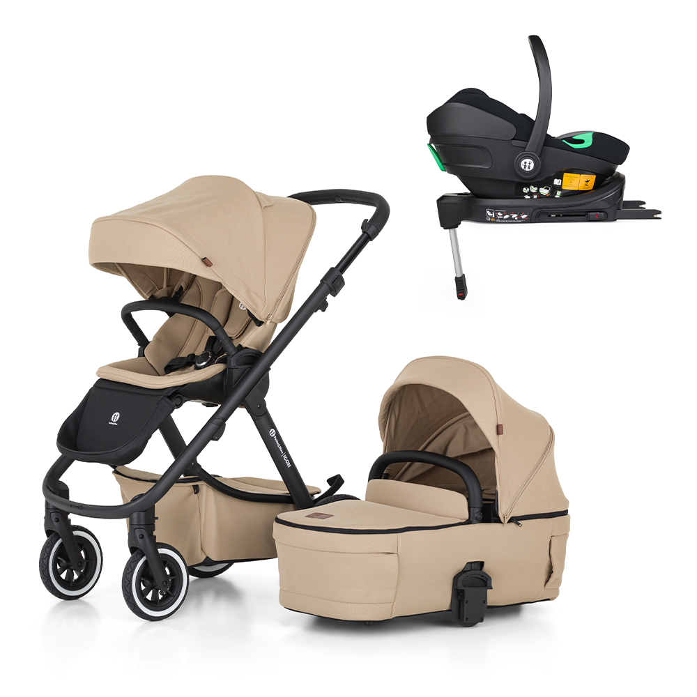 PETITE&MARS Kombinált babakocsi ICON 2in1 Mocha Beige LITE AIR + Core Pro i-Size Black Grey + Bázis