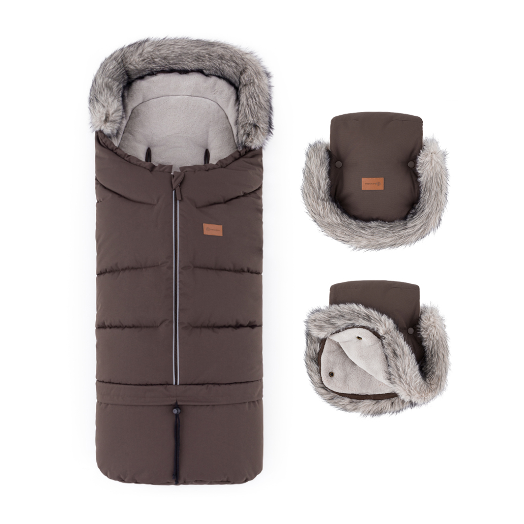 PETITE&amp;amp;amp;amp;amp;amp;amp;amp;MARS Arctic 4v1 téli bundazsák szett + babakocsi kézmelegítő Furry Rich Brown