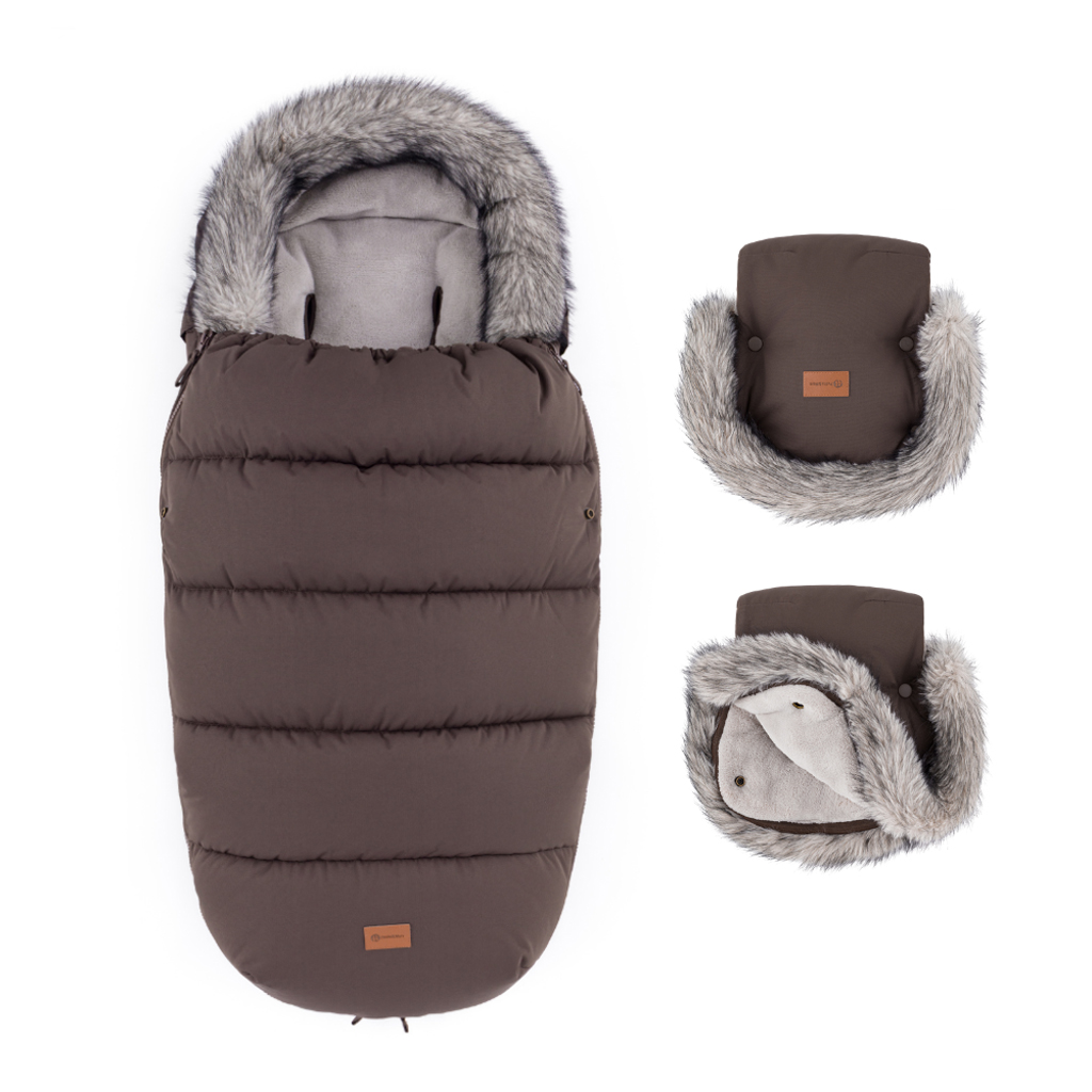 PETITE&MARS Comfy 4v1 téli bundazsák szett + babakocsi kézmelegítő Furry Rich Brown