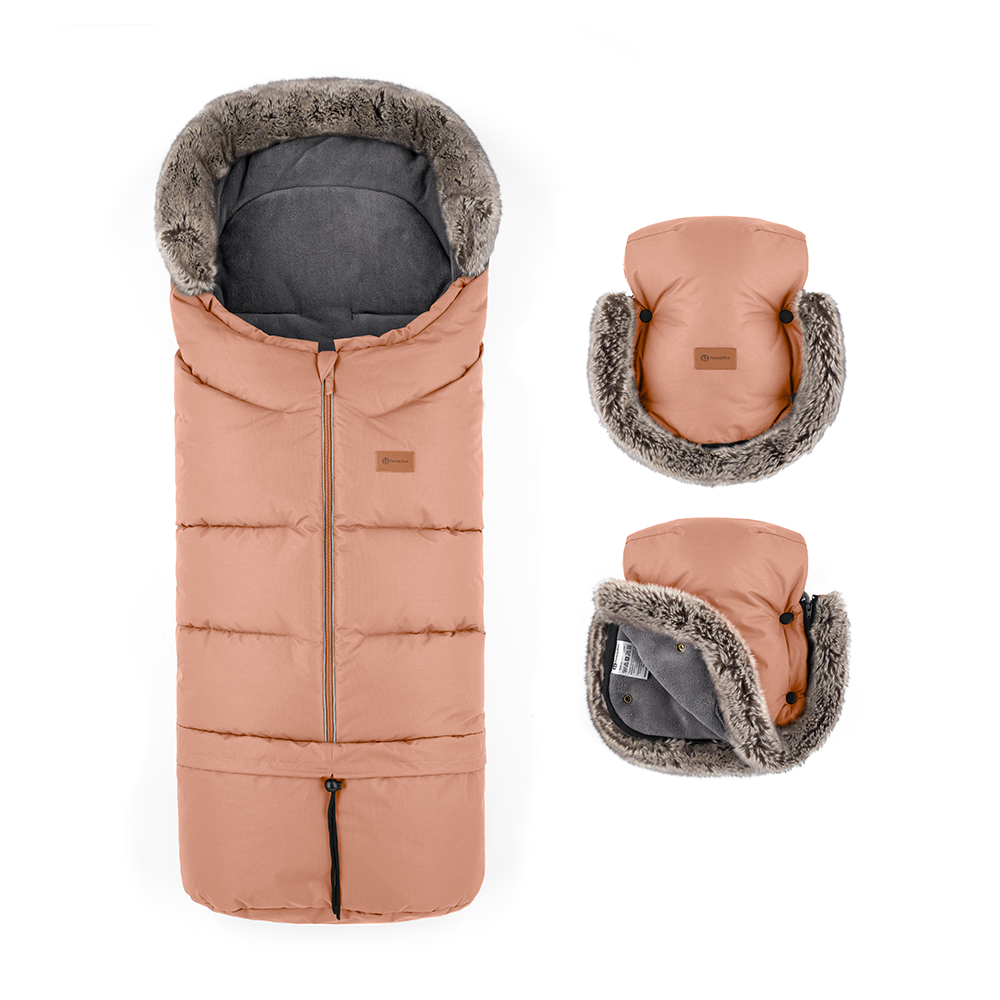 PETITE&amp;amp;amp;amp;amp;amp;amp;amp;amp;MARS Téli szett Arctic 4in1 bundazsák + kézmelegítő kesztyű babakocsira Furry Pastel Peach