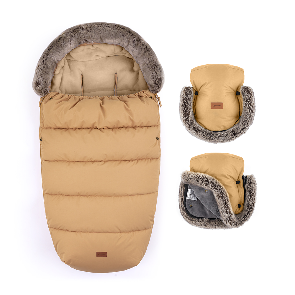 PETITE&amp;amp;amp;amp;amp;amp;amp;amp;amp;amp;amp;MARS Téli szett Comfy 4in1 bundazsák + kézmelegítő kesztyű babakocsira Furry Elegant Caramel