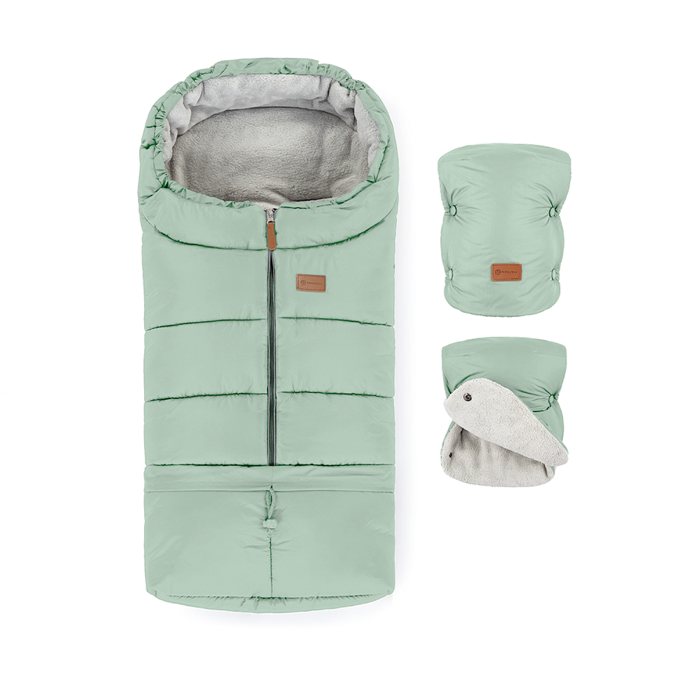 PETITE&amp;amp;MARS Téli szett Jibot 3in1 bundazsák + kézmelegítő kesztyű babakocsira Jasie Pale Eucalypt