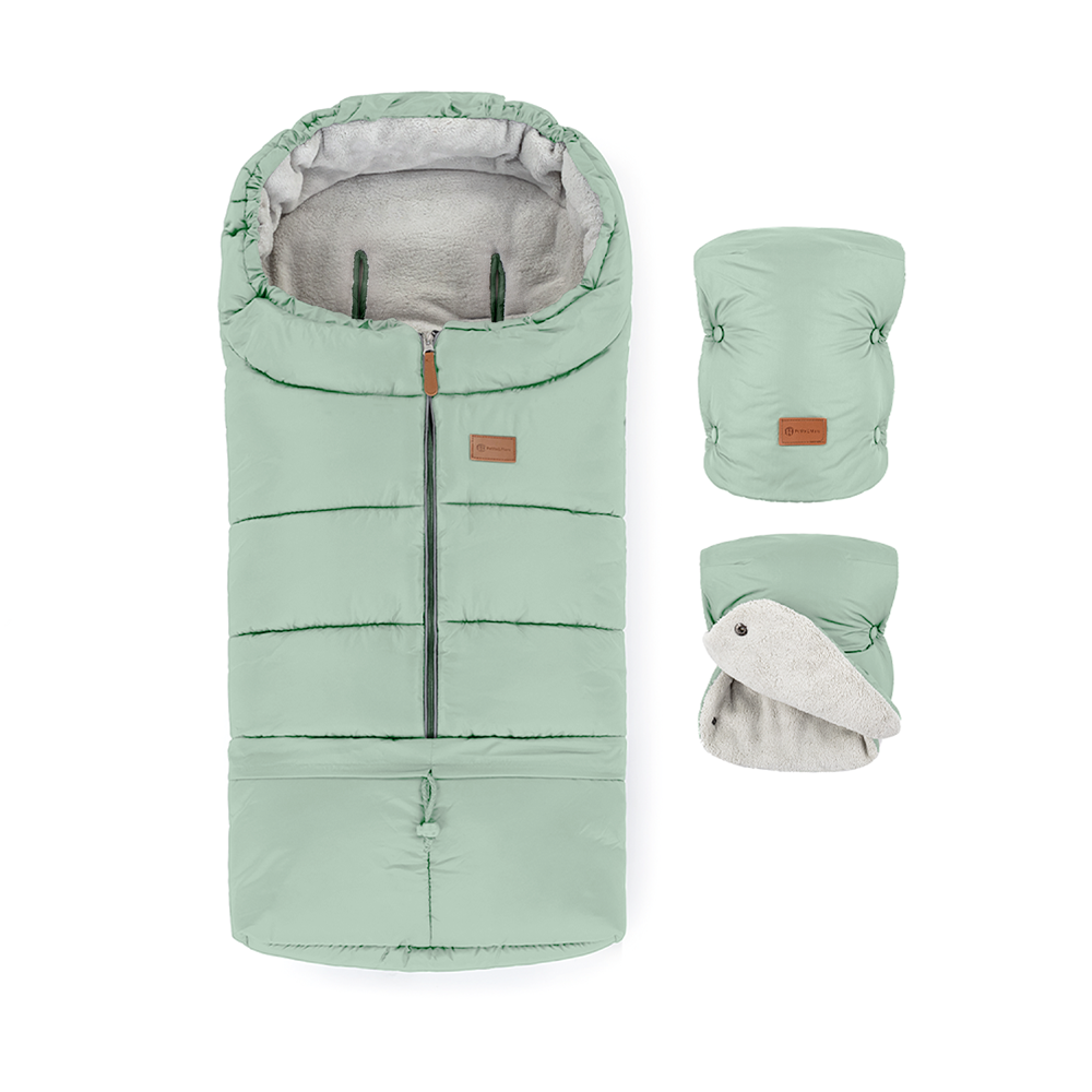 PETITE&amp;MARS Téli szett Jibot 3in1 bundazsák + kézmelegítő kesztyű babakocsira Jasie Pale Eucalypt