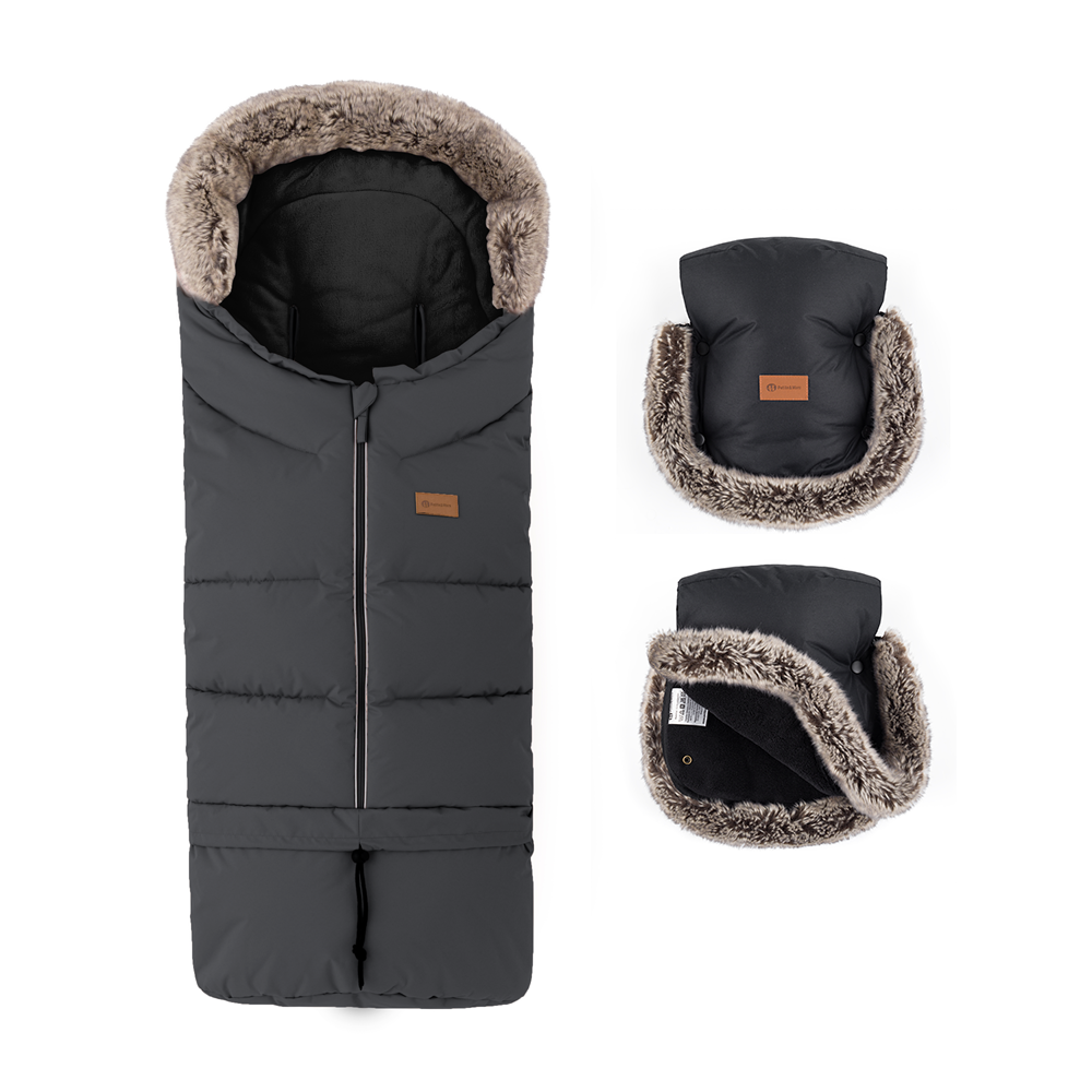 PETITE&MARS Téli szett Arctic 4in1 bundazsák + kézmelegítő kesztyű babakocsira Furry Forever Black