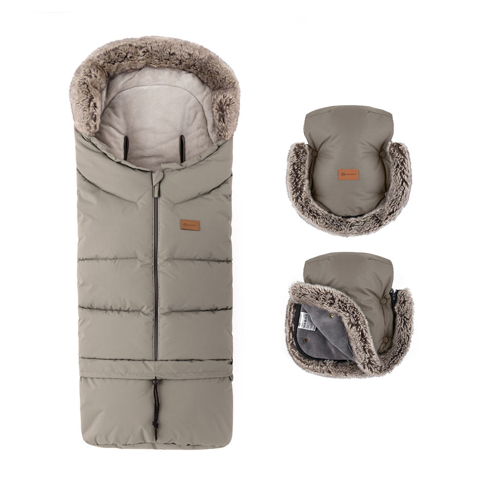 PETITE&amp;amp;amp;amp;MARS Téli szett Arctic 4in1 bundazsák + kézmelegítő kesztyű babakocsira Furry Mocha Mousse