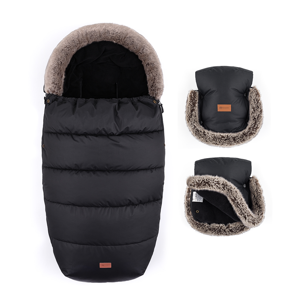 PETITE&amp;amp;amp;amp;MARS Téli szett Comfy 4in1 bundazsák + kézmelegítő kesztyű babakocsira Furry Forever Black