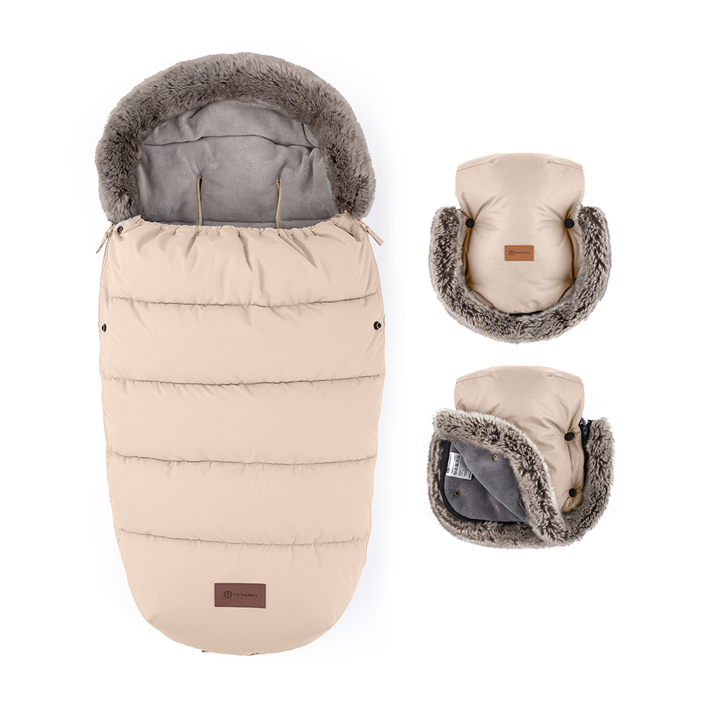 PETITE&amp;amp;amp;amp;amp;amp;amp;amp;amp;amp;amp;amp;amp;amp;MARS Téli szett Comfy 4in1 bundazsák + kézmelegítő kesztyű babakocsira Furry Rose Petal